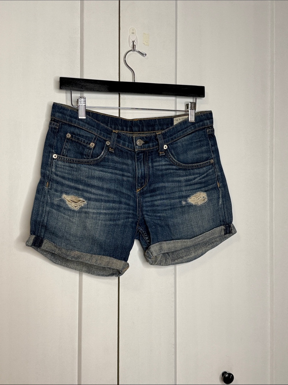 rag & bone - 26 - Classic Dark Blue Distressed Cuffed Denim Shorts 100% Cotton